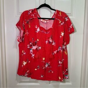 EVRI Floral Short Sleeve Blouse Size 3X Ruched Split Neck Coral